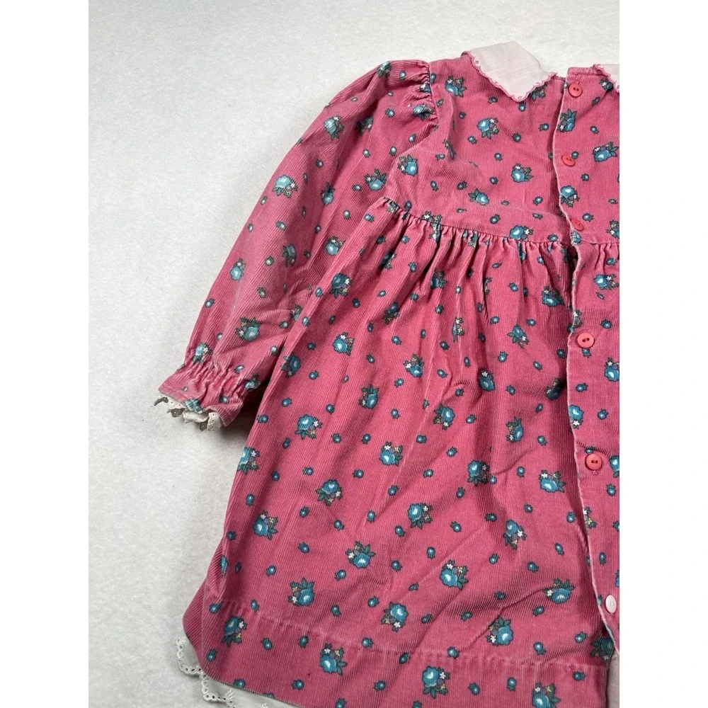 Vintage Oshkosh B'Gosh Size‎ 5 Pink Floral Corduroy Dress Eyelet Lace Trim